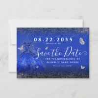 Moderner Royal Blue Silver Glitzer Gown Quinceaner