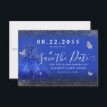 Moderner Royal Blue Silver Glitzer Gown Quinceaner Save The Date<br><div class="desc">Moderne Royal Blue Navy Blue Silver Gray Princess Gown Dress Glitzer Sparkle Butterfly 15. Geburtstag Quinceanera Save the Date Einladung</div>