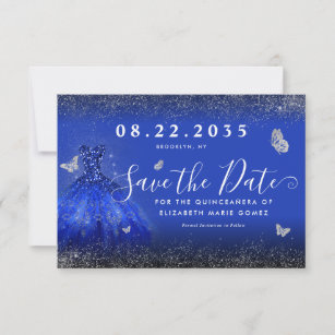 Moderner Royal Blue Silver Glitzer Gown Quinceaner Save The Date