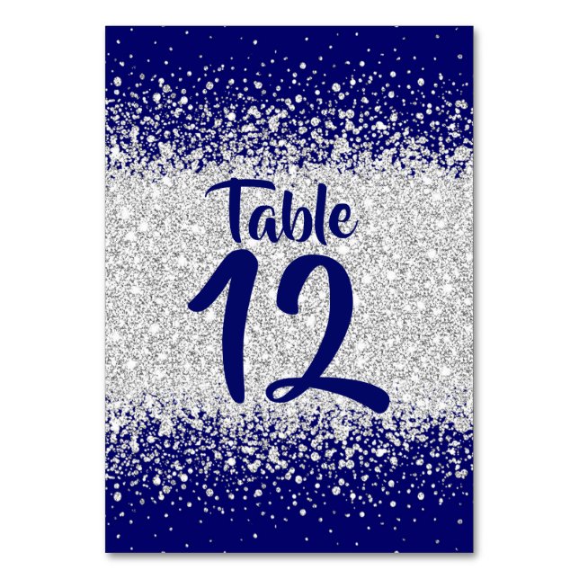 Moderner Royal Blue und Silver Glitzer Tischnummer (Vorderseite)