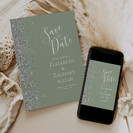 Moderner Sage Green Silver Glitzer Save the Date Ankündigung