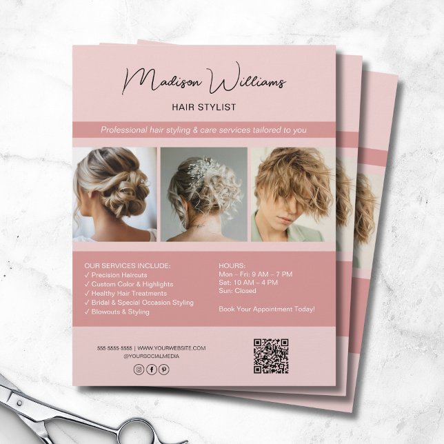 Moderner Salon Hair Stylist Services QR Pink Flyer (Modern Salon Hair Stylist Services QR Pink Flyer)