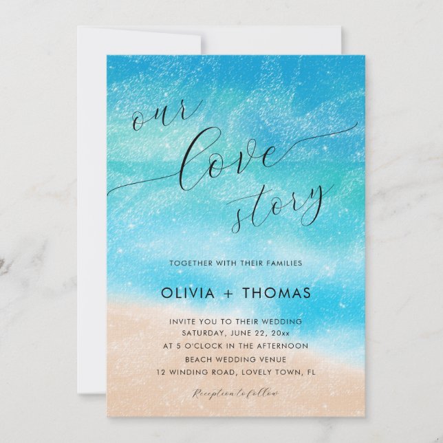 Moderner Sandstrand Unsere Liebe Story Wedding Einladung (Vorderseite)