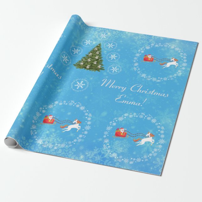 Moderner Santa Unicorn Personalisierter Name Merry Geschenkpapier (Ungerollt)