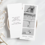 Moderner Save the Date Foto Strip<br><div class="desc">Dieses elegante, weiße Hochzeitsgeschenk bewahrt das Datum mit einem raffinierten Design, das einen auffallenden schwarz-weißen Foto Streifen enthält, der es Paaren ermöglicht, drei hochgeschätzte Bilder zu präsentieren. Diese Einladung verbindet Stil und Stimmung perfekt und lädt die Gäste zu einer wunderschönen rett-the-date-Ankündigung ein, die Freude am kommenden Fest zu teilen. Seine...</div>