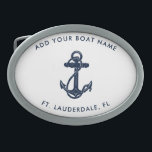 Moderner Schiffsname Navy Blue Anchor Custom Ovale Gürtelschnalle<br><div class="desc">Geben Sie Ihren Namen und die Position Ihres Bootes oder Kapitäns ein, indem Sie auf "Personalisieren" klicken. Set-Segel im Stil mit unserem maßgeschneiderten nautischen Segelschiff, der ultimativen Begleiter für Ihre maritimen Abenteuer. Dieser Gürtelschnalle besticht durch ein niedliches Design, das von den Wunder des Ozeans inspiriert ist und klassische maritime Motive...</div>