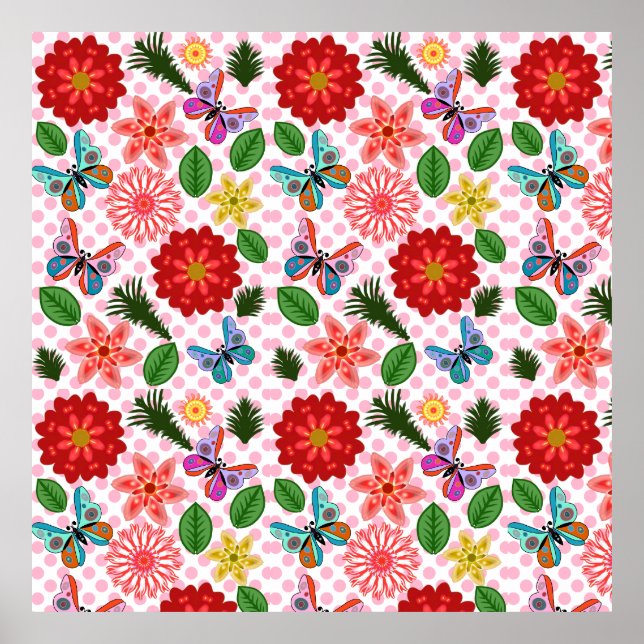 Moderner Schmetterling im Frühlingsgarten, Blumend Poster (Vorne)