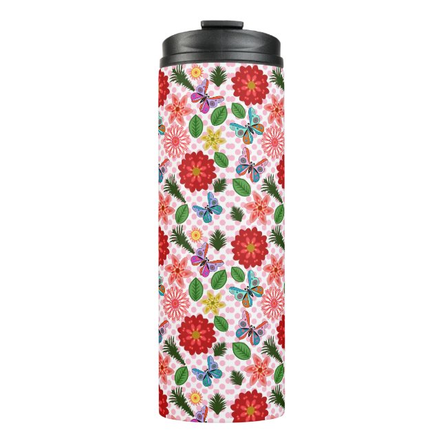 Moderner Schmetterling im Frühlingsgarten, floral  Thermosbecher (Vorderseite)