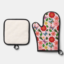 Moderner Schmetterling im Frühlingsgarten, florale Ofenhandschuh & Topflappen-Set