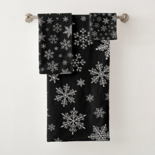 Moderner Schneeflocken 2 - Schwarz & Silver Gray Badhandtuch Set