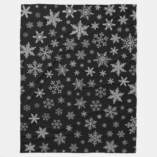 Moderner Schneeflocken 2 - Schwarz & Silver Gray Fleecedecke (Vorderseite)