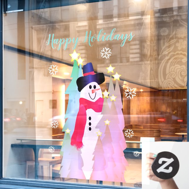Moderner Schneemann und rosa Baum Fensteraufkleber (Café-Fenster)
