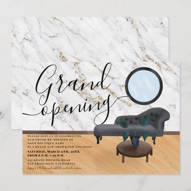 Moderner Schönheitssalon aus Goldmarmor mit großer Einladung (Vorne/Hinten)