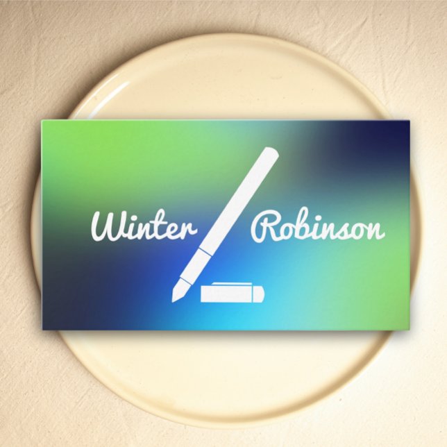 Moderner Schriftsteller holografisch blau grün Tür Visitenkarte (Hologram gradient design-stylish business card for teacher, professor or writer)