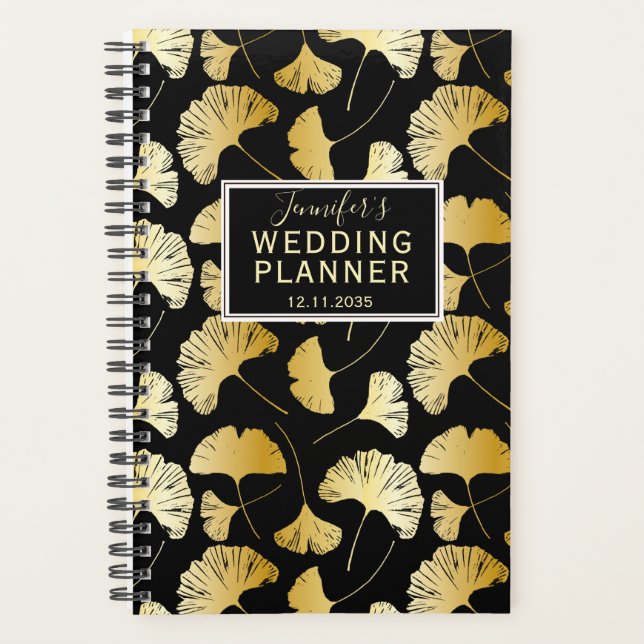 Moderner Schwarz & Gold Ginkgo Muster Hochzeitspla Planer (Vorderseite)