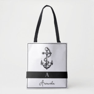 Moderner Schwarz-Grau-Nautik-Anker monogramiert Tasche