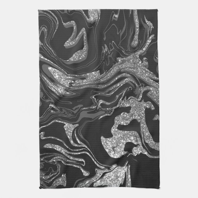 Moderner Schwarz-Grau-Silbermor-Glitzer Geschirrtuch (Vertikal)