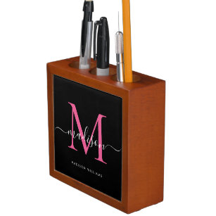 Moderner Schwarz-Hot-Pink-eleganter Monogramm-Skri Stifthalter