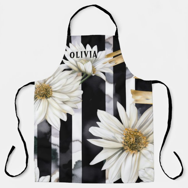 Moderner Schwarz-Weiß-Daisy-Streifen Individuelle  Schürze (Vorderseite)