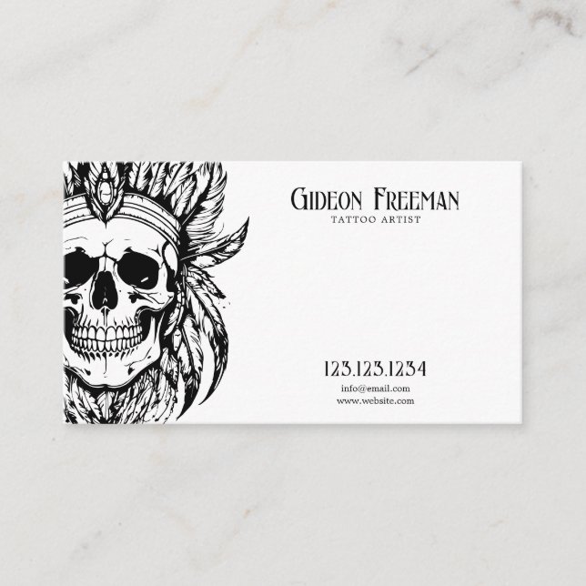 Moderner Schwarz & Weiß Feathers Skull Tattoo Arti Visitenkarte (Vorderseite)