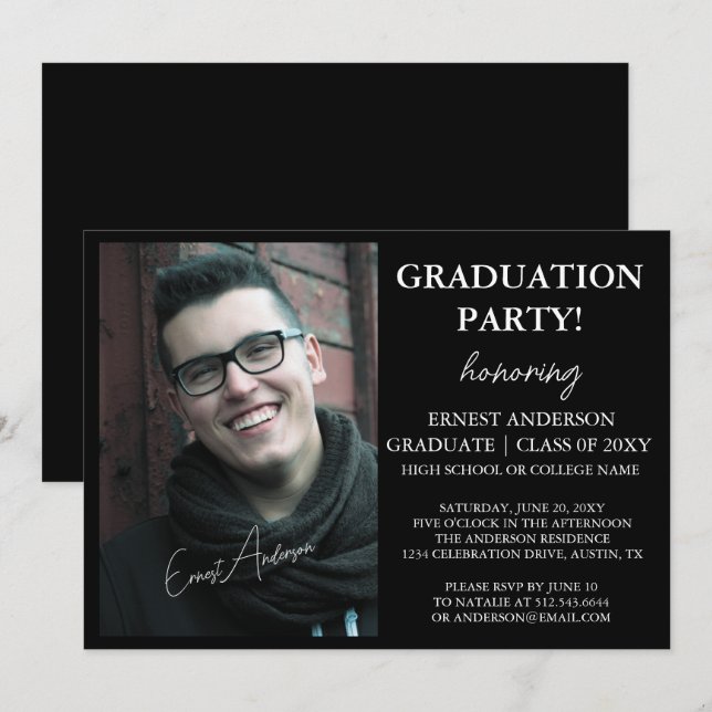 Moderner Schwarz-Weiß-Foto Abschluss Einladung (Vorne/Hinten)