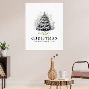 Moderner Schwarz & Weiß Gold Frohe Weihnachtsbaum Poster