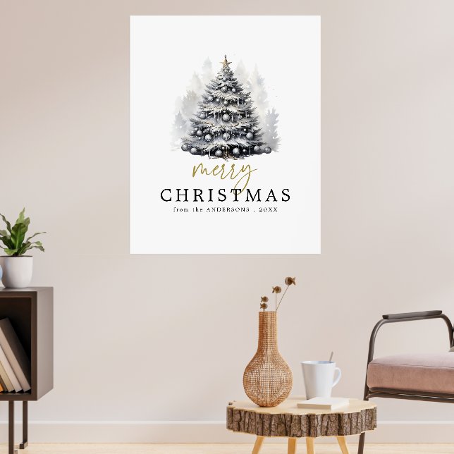 Moderner Schwarz & Weiß Gold Frohe Weihnachtsbaum Poster (Wohnzimmer 3)