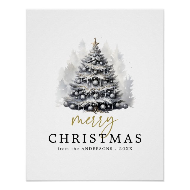Moderner Schwarz & Weiß Gold Frohe Weihnachtsbaum Poster (Vorderseite)