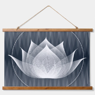 Moderner Schwarz-Weiß-Lotus-Trippy-Moiré-Effekt Wandteppich Mit Holzrahmen