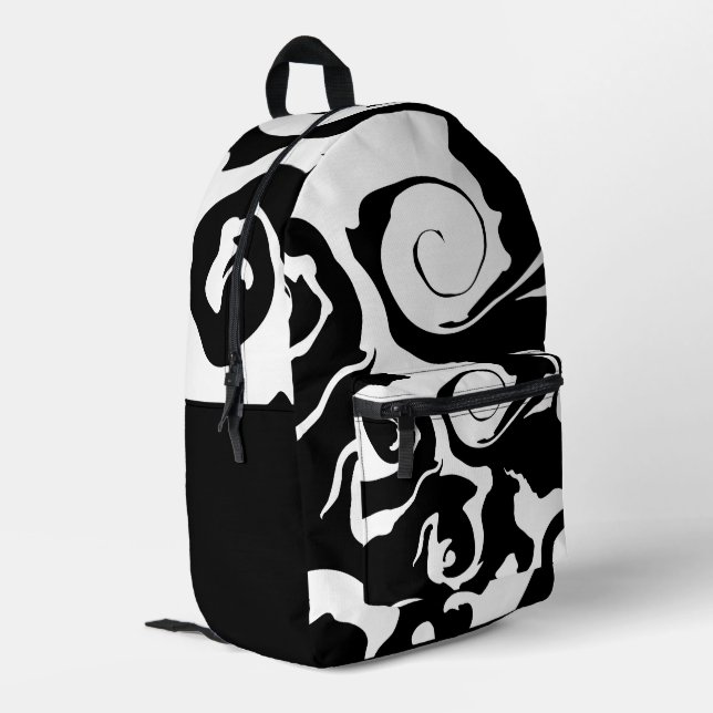 Moderner Schwarz-Weiß-Marmor-Swirl Bedruckter Rucksack (Rückseitige Ecke links)