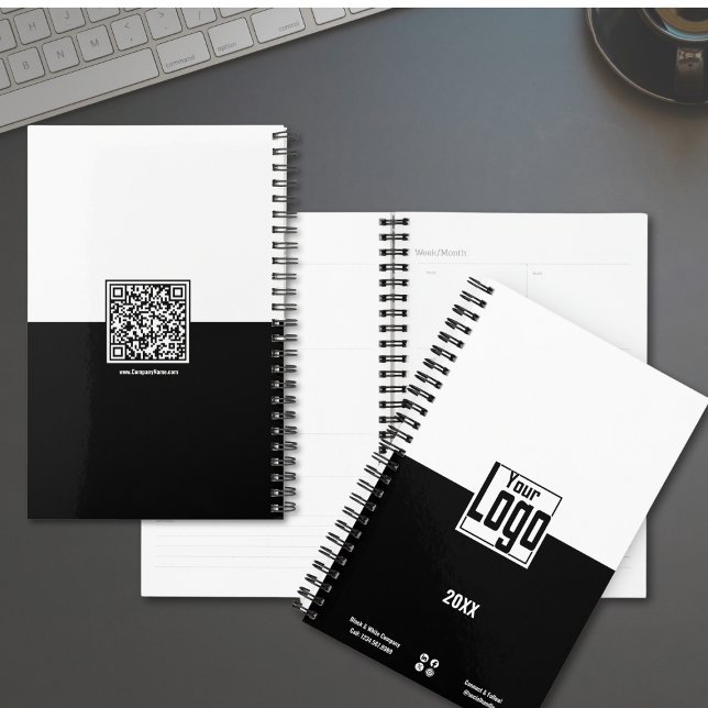 Moderner Schwarz-Weiß-Plan für kleine Unternehmen Planer (Black & White Small Business Planner with Logo, QR code)