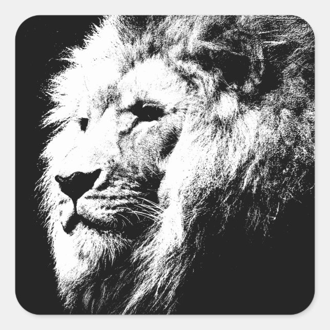 Moderner Schwarz-Weiß-Pop Art Lion Head Trendy Quadratischer Aufkleber (Vorderseite)
