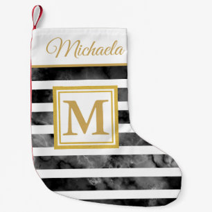 Moderner Schwarz-weißer Goldmonogramm-Anfangsname Kleiner Weihnachtsstrumpf