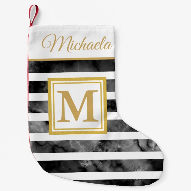 Moderner Schwarz-weißer Goldmonogramm-Anfangsname Kleiner Weihnachtsstrumpf (Vorderseite)