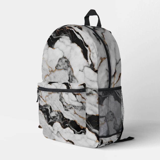 Moderner Schwarz-weißer Marmor Bedruckter Rucksack (Rückseitige Ecke Rechts)