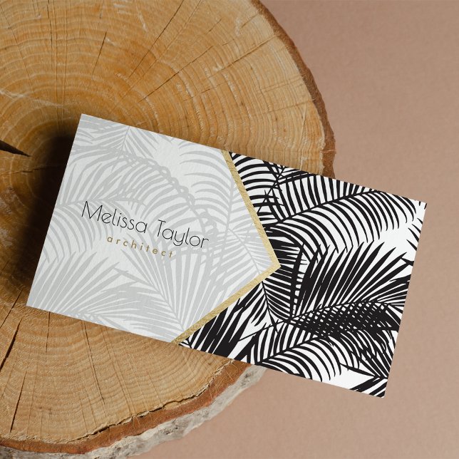 Moderner Schwarz-weißer Palmenbaum Visitenkarte (Modern black white gold palm tree architect business card)