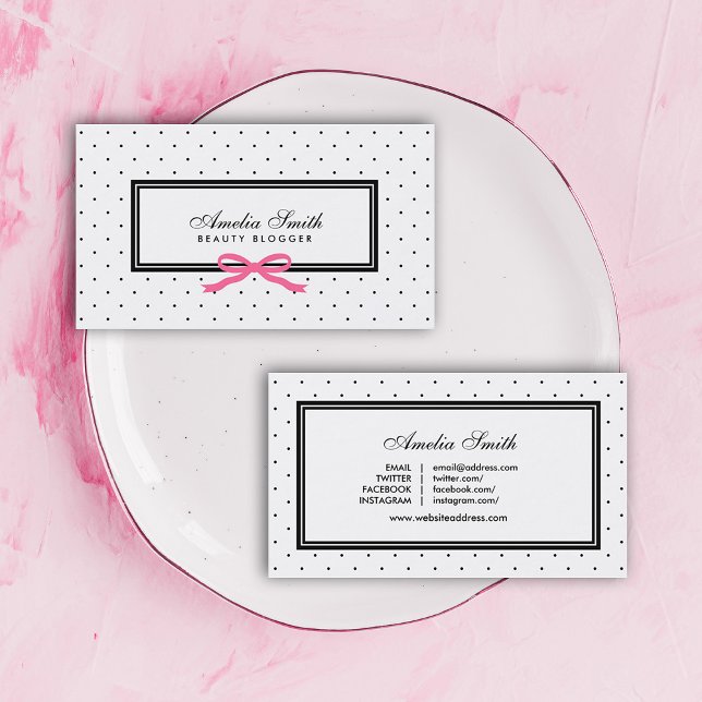 Moderner Schwarz-weißer Polka Dot Pink Ribbon Blog Visitenkarte (Von Creator hochgeladen)