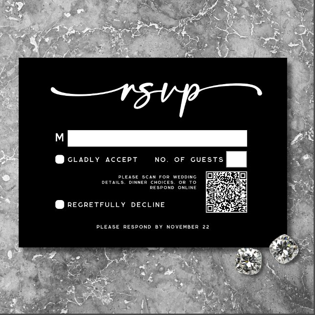 Moderner Schwarz-weißer Script-Minimal-Hochzeitssk RSVP Karte (Von Creator hochgeladen)