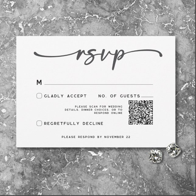 Moderner Schwarz-weißer Script-Minimal-Hochzeitssk RSVP Karte (Modern Black White Script Photo Wedding QR Code RSVP Card)