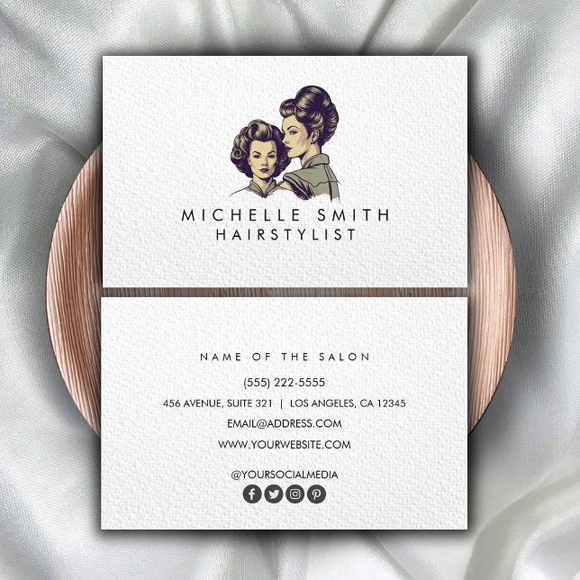 Moderner Schwarz-weißer Vintager Friseursalon Mini Visitenkarte (Von Creator hochgeladen)