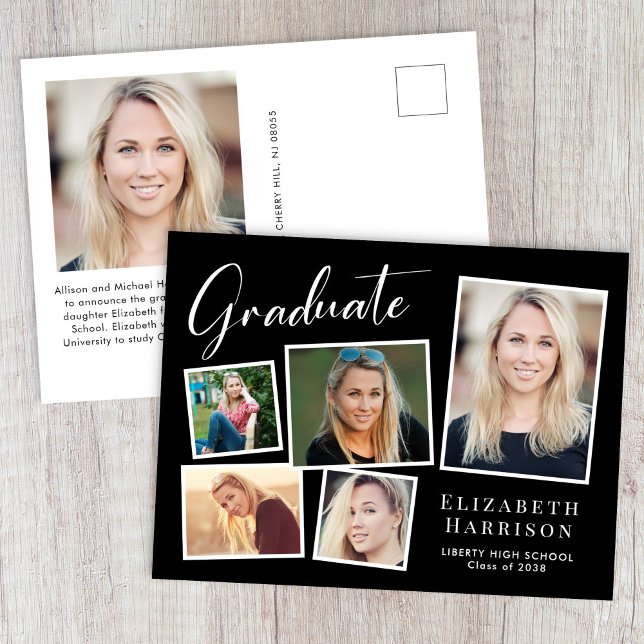 Moderner Schwarzer Abschluss Ankündigungspostkarte (Cherish the milestone: share your graduate's achievement with a custom photo graduation announcement)