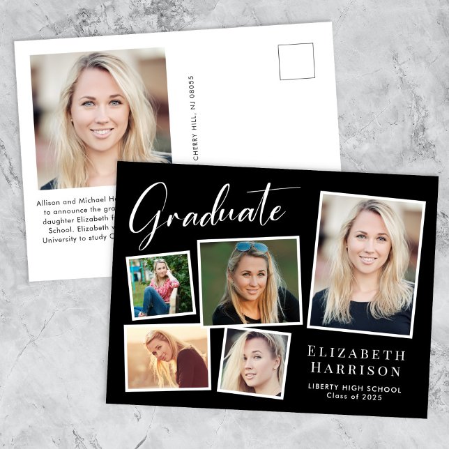 Moderner Schwarzer Abschluss Ankündigungspostkarte (Cherish the milestone: share your graduate's achievement with a custom photo graduation announcement)
