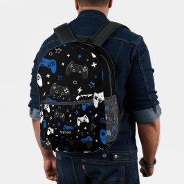 Moderner schwarzer, blauer und weißer Videospiel-G Bedruckter Rucksack