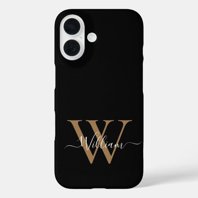 Moderner schwarzer Gold-Monogramm-Schriftname iPhone 16 Hülle (Rückseite)