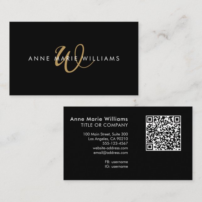 Moderner schwarzer Goldschrift-Monogramm-QR-Code Visitenkarte (Vorne/Hinten)