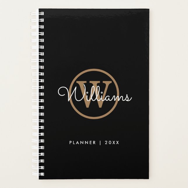 Moderner Schwarzer Goldschrift Name Monogramm Plan Planer (Vorderseite)