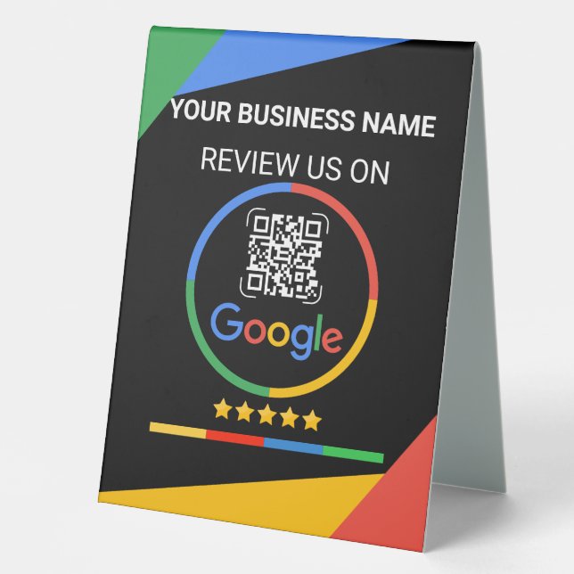 Moderner Schwarzer Google-Bewertungs-QR-Code Tischaufsteller (Vorderseite)