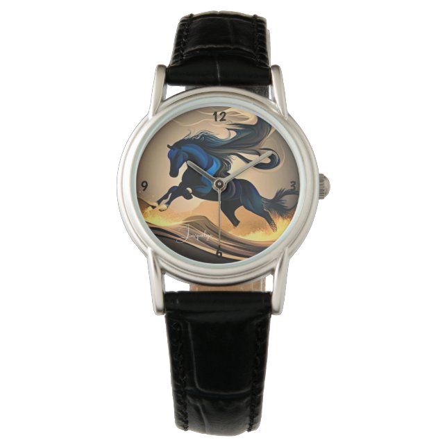 Moderner schwarzer Hengst in der Wüste Armbanduhr (Vorderseite)