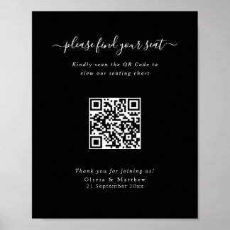Moderner schwarzer Hochzeits-QR-Code-Sitzplanposte Poster