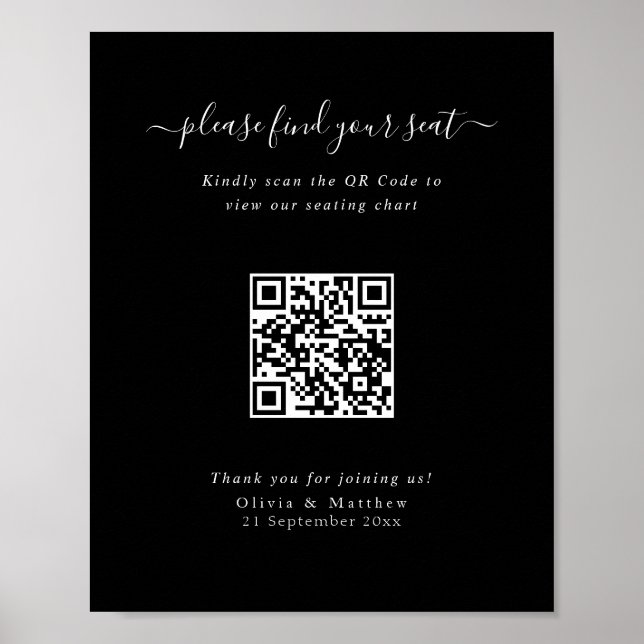 Moderner schwarzer Hochzeits-QR-Code-Sitzplanposte Poster (Vorne)